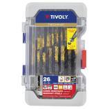 26 piezas -25 brocas HSS STEAM rectificadas con recubrimiento TiN punta en cruz mango de 3 caras Ø 2 a 13 mm + 1 fresa para avellanar HSS Ø 15 mm 