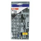 39 pieces - 17 taps + 17 dies M3 to M12 & MF4 to MF12 + 1 thread gauge + 1 screwdriver + 2 tap holders + 1 die holder 