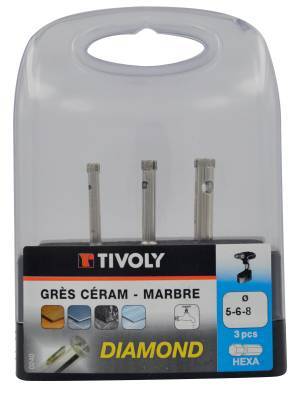 3 diamond drill bits, Ø 5 to 8 mm, hexagonal shank 