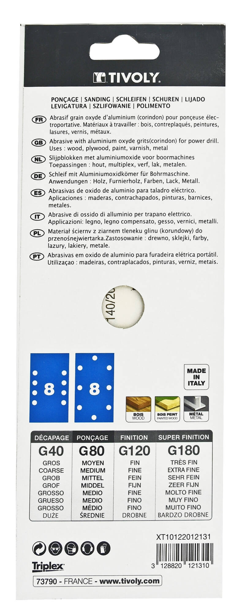 XT10122012131-Hoja de lija PERFORADA -93x230 mm - Para lijadora orbital (Funda cartón) / Dim 93x230 / Gr : 80