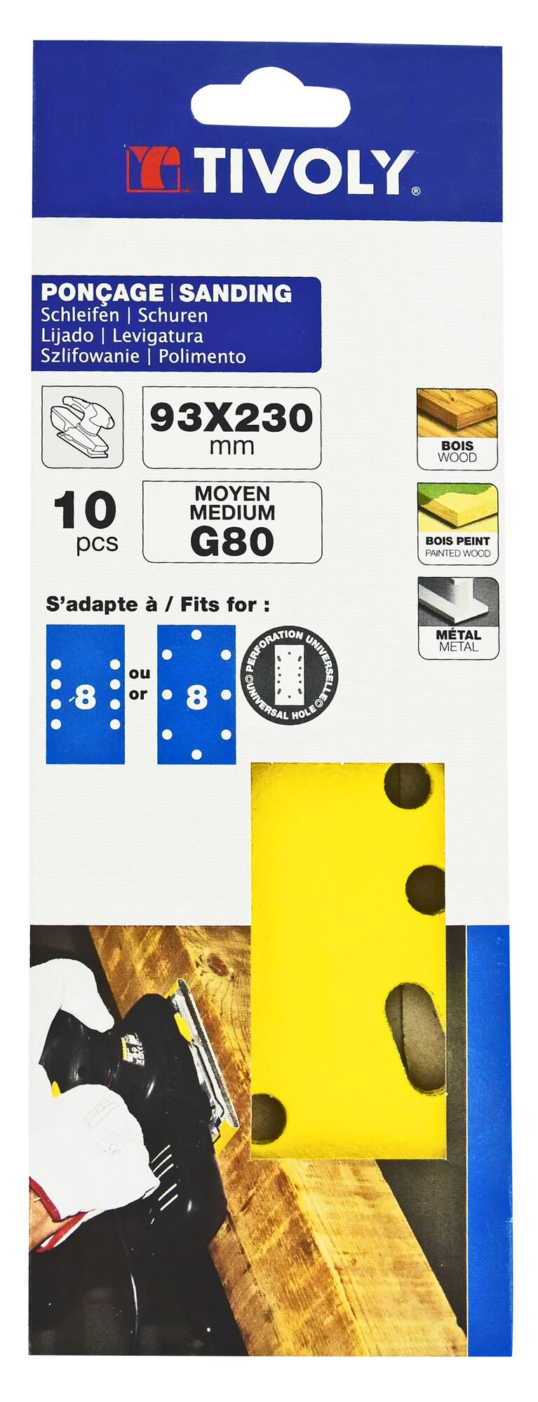XT10122012131-Hoja de lija PERFORADA -93x230 mm - Para lijadora orbital (Funda cartón) / Dim 93x230 / Gr : 80