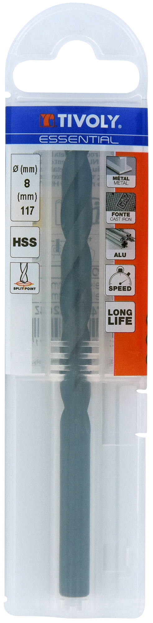 11436740800-Ø: 8 / L: 117 / Broca para metal HSS - Tratamiento STEAM -Afilado SPLIT POINT (Funda plástico)