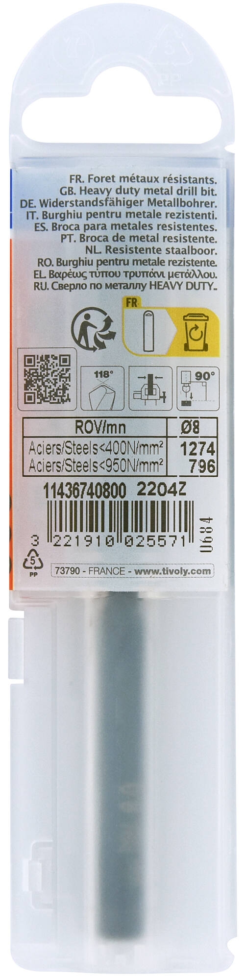 11436740800-Ø: 8 / L: 117 / Broca para metal HSS - Tratamiento STEAM -Afilado SPLIT POINT (Funda plástico)
