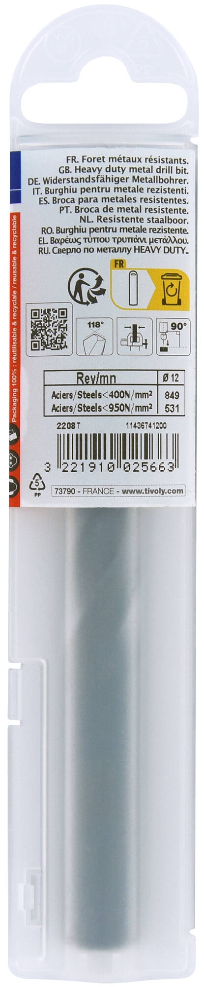 11436741200-Ø: 12 / L: 151 / Foret métaux taillé meulé HSS - STEAM - DIN338 - h8 -Pointe en croix (Etui plastique)